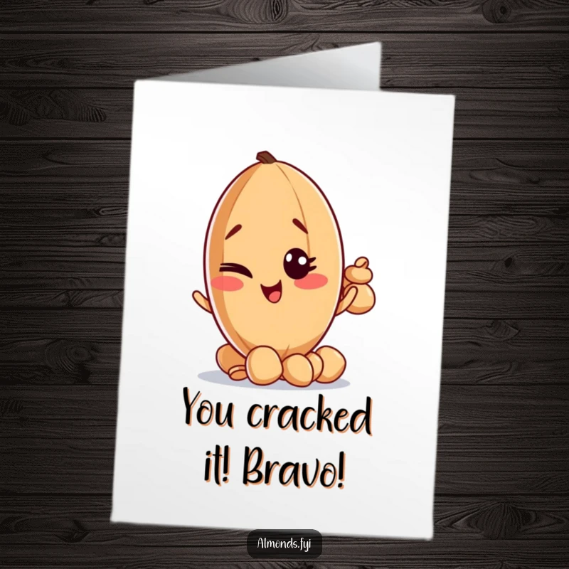 Funny Free Printable Congrats Card: A mischievous almond character winks while balancing a precarious stack of nuts, celebrating success, perfect downloadable gift.