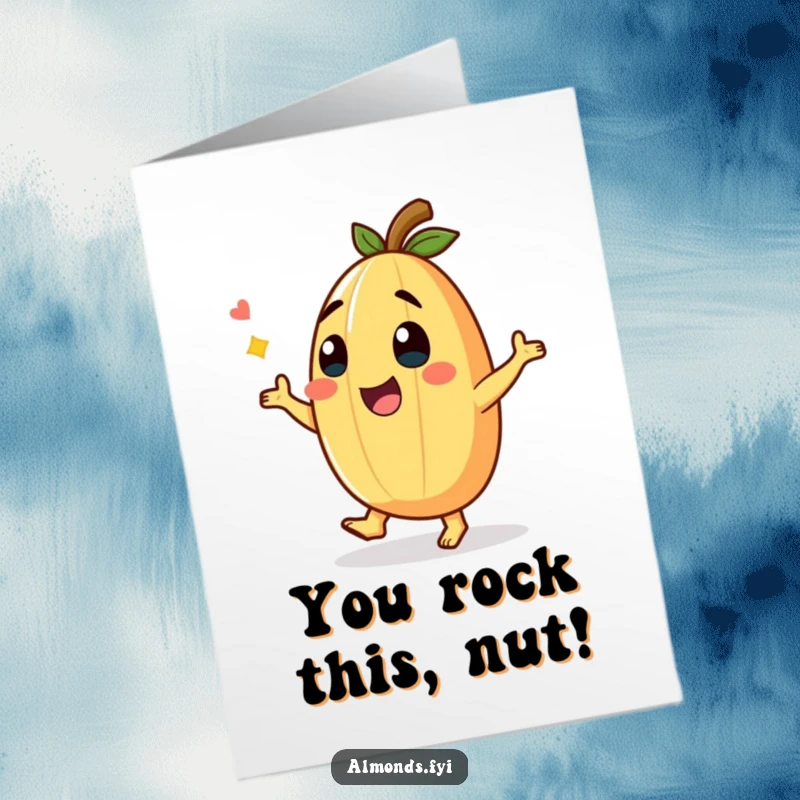 Funny Free Printable Congratulations Card showing a giggling almond character performing a funny dance, showcasing pure celebration and delight.