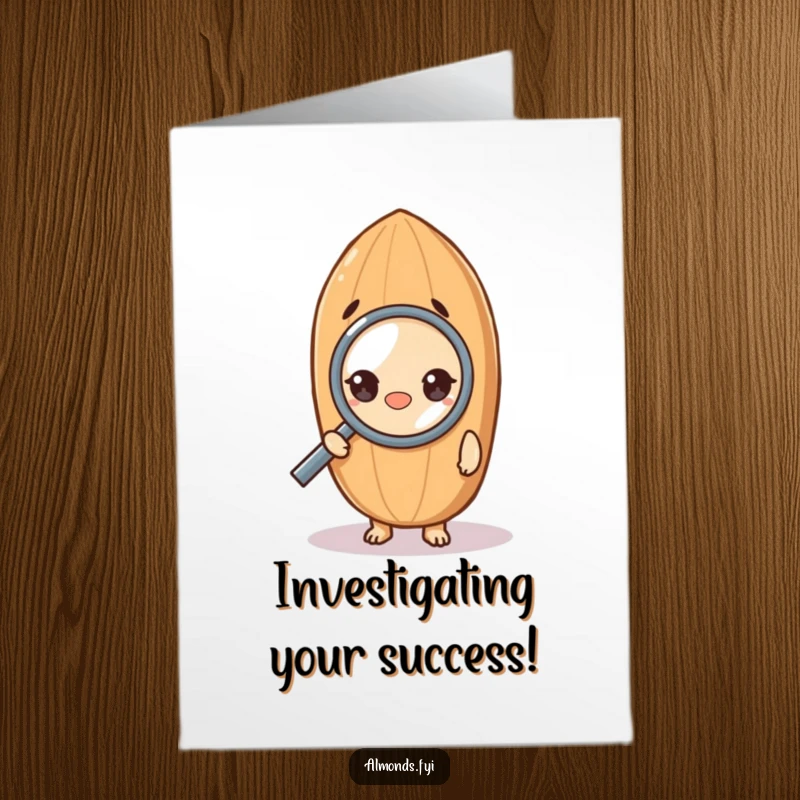 Funny Free Printable Congratulations Card: A curious almond character closely inspecting with a magnifying glass, a witty downloadable note.