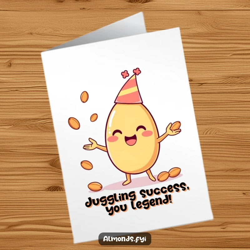 Funny Free Printable Congratulations Card: Happy almond character in a party hat, juggling smaller almonds to celebrate an achievement.