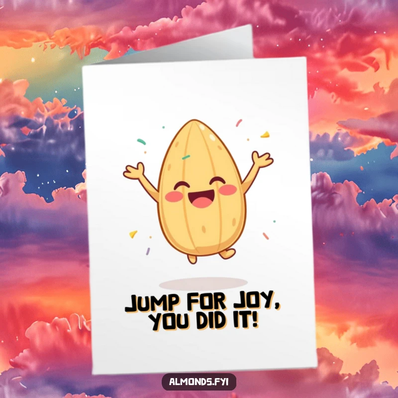 Fun Free Printable Congratulations Card: Almond jumping with sprinkles, a meme for celebrating success, downloadable.