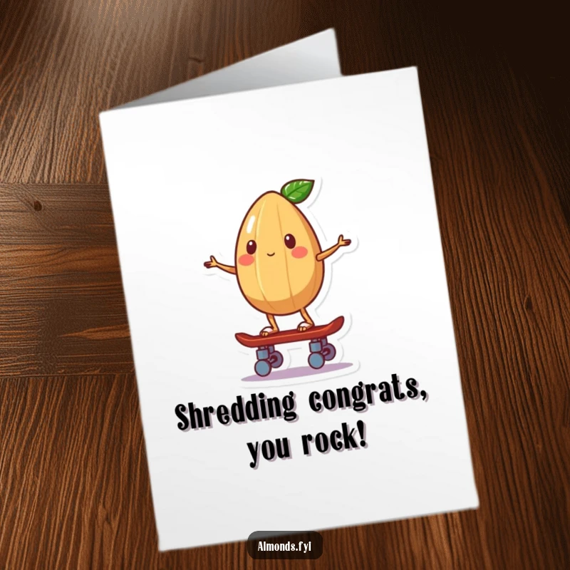 Funny free printable congratulations card featuring a whimsical almond riding a tiny skateboard with impressive balance.