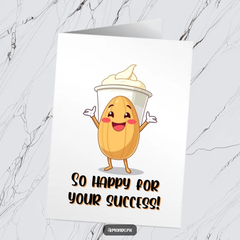 Funny Free Printable Congratulations Card of a grinning almond enthusiastically hugging a giant yogurt cup, celebrating achievement.