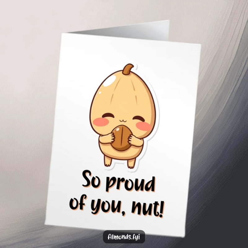 Funny Free Printable Congratulations Card showing a shy almond character blushing and offering a nut, conveying sweet and sincere felicitations.