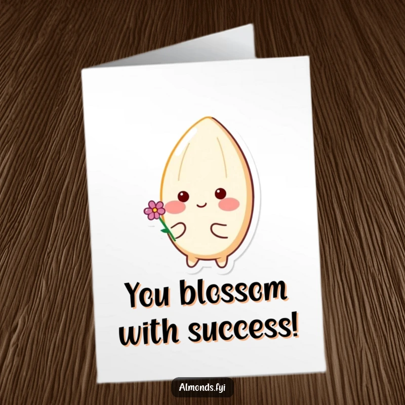 Funny Free Printable Congratulations Card: Happy almond with rosy cheeks offers a tiny flower, celebrating success.