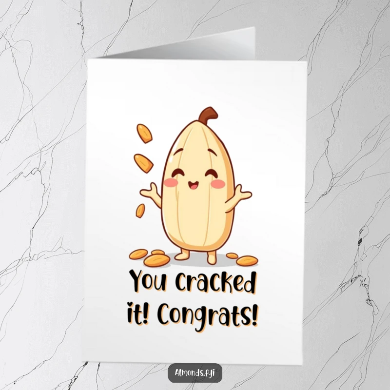 Funny Free Printable Congratulations Card showing a happy almond character juggling slivers, celebrating success with a humorous flourish.