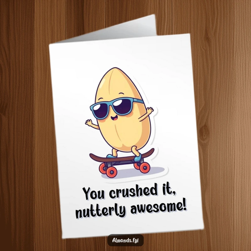 Funny Free Printable Congratulations Card: Smiling almond character in sunglasses skateboarding to celebrate.