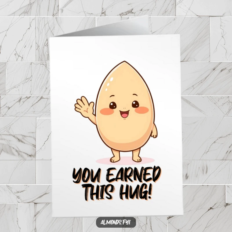 Free Printable Congratulations Card: A chubby, blushing almond character offering a friendly wave to celebrate.