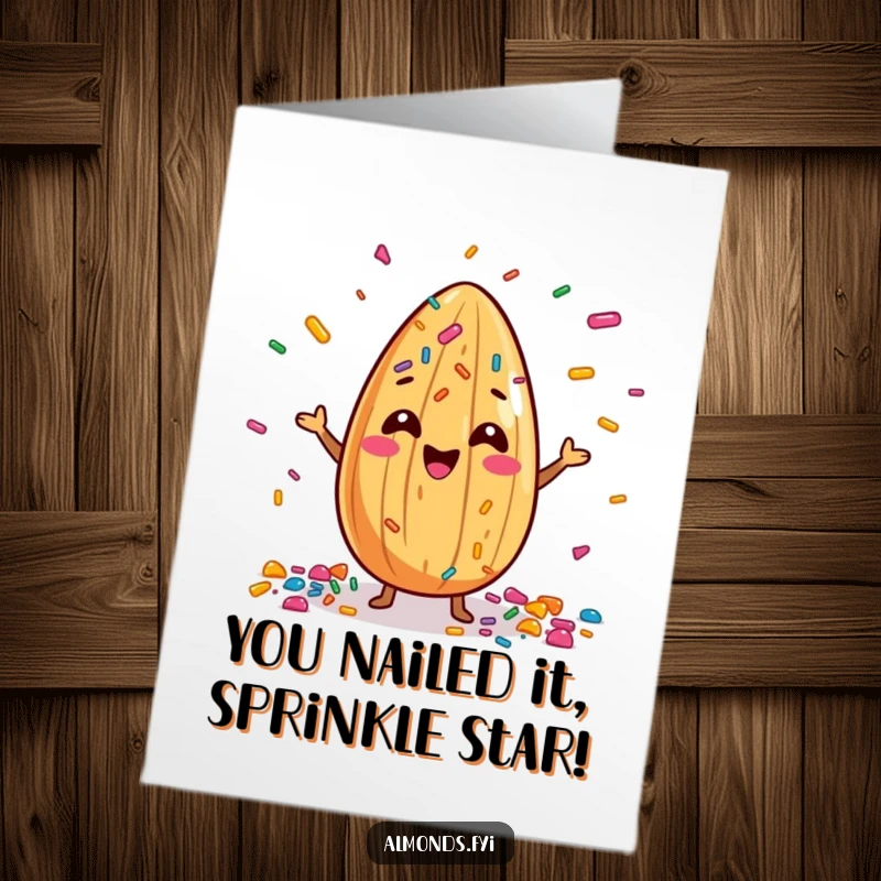 Funny Free Printable Congratulations Card: Cheerful almond artistically juggles a shower of colorful sprinkles, signifying a dazzling accomplishment.
