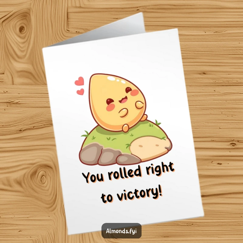 Funny Free Printable Congratulations Card: A giggling almond character happily rolling down a hill, celebrating success.