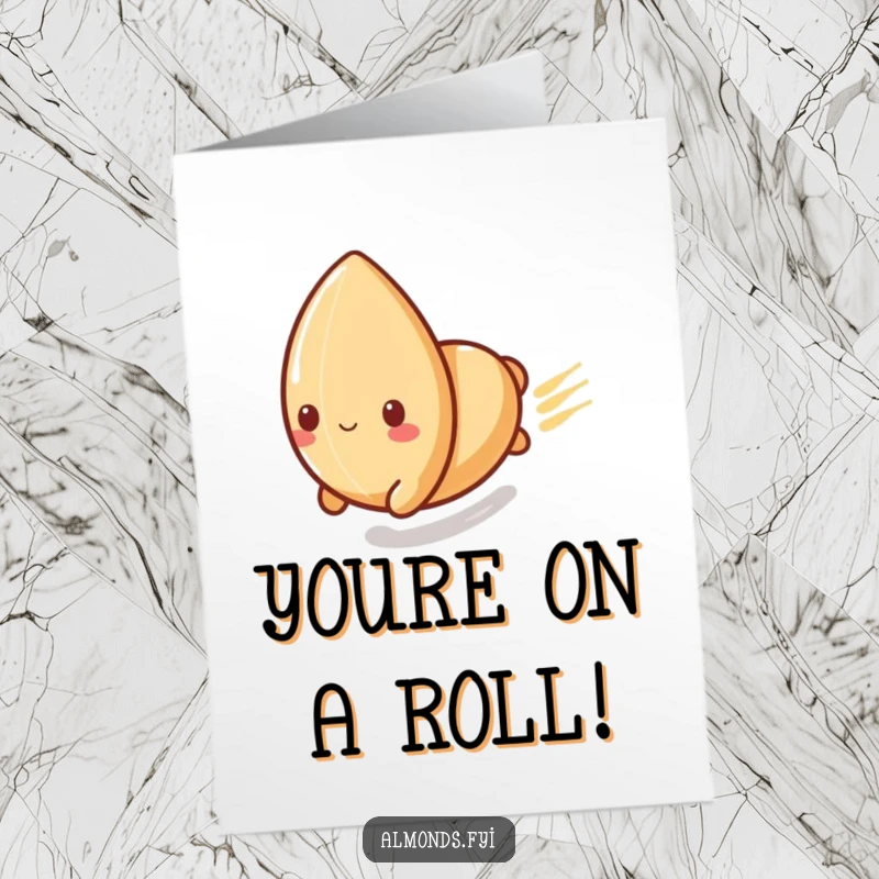 Free Printable Congratulations Card: Playful almond character sliding swiftly, representing quick and successful achievements.
