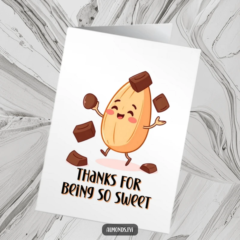 Funny Free Printable Thank You Card: A cheerful almond juggles chocolate chips, offering sweet thanks.