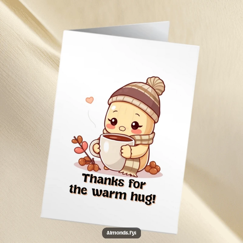 Funny Free Printable Thank You Card: Almond wearing scarf and hat enjoying coffee, expressing warm gratitude.