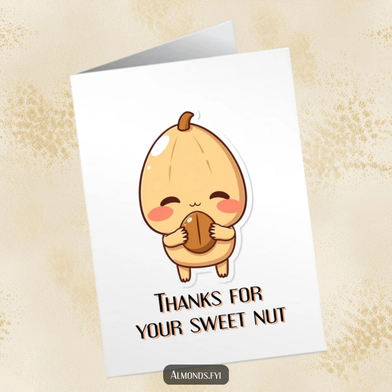 Funny Free Printable Thank You Card featuring a shy almond character blushing while offering a nut, a truly heartwarming gesture.