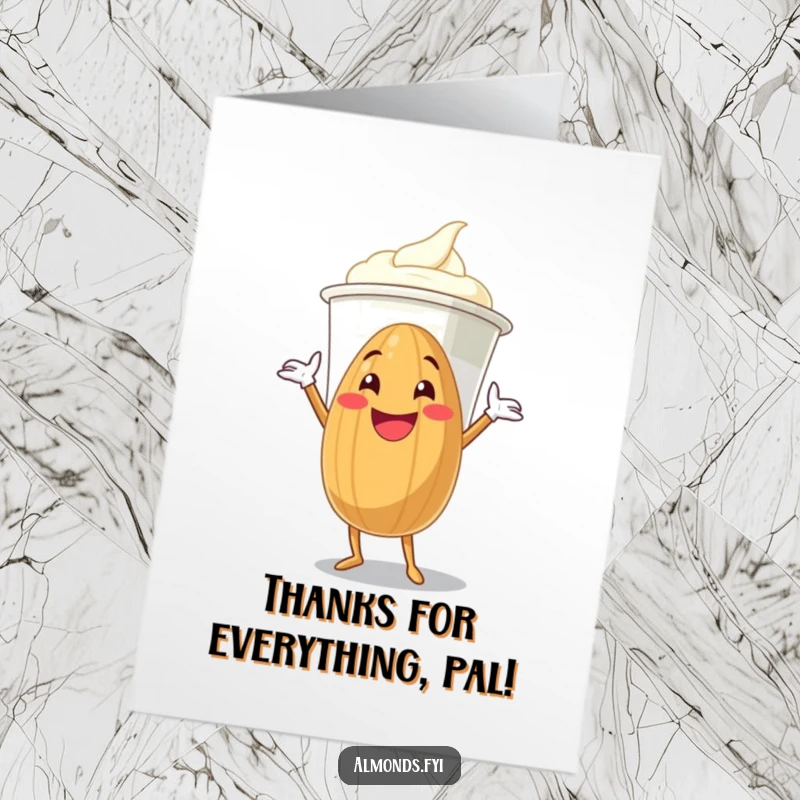 Funny Free Printable Thank You Card of a grinning almond giving a giant yogurt cup a big hug, spreading gratitude.