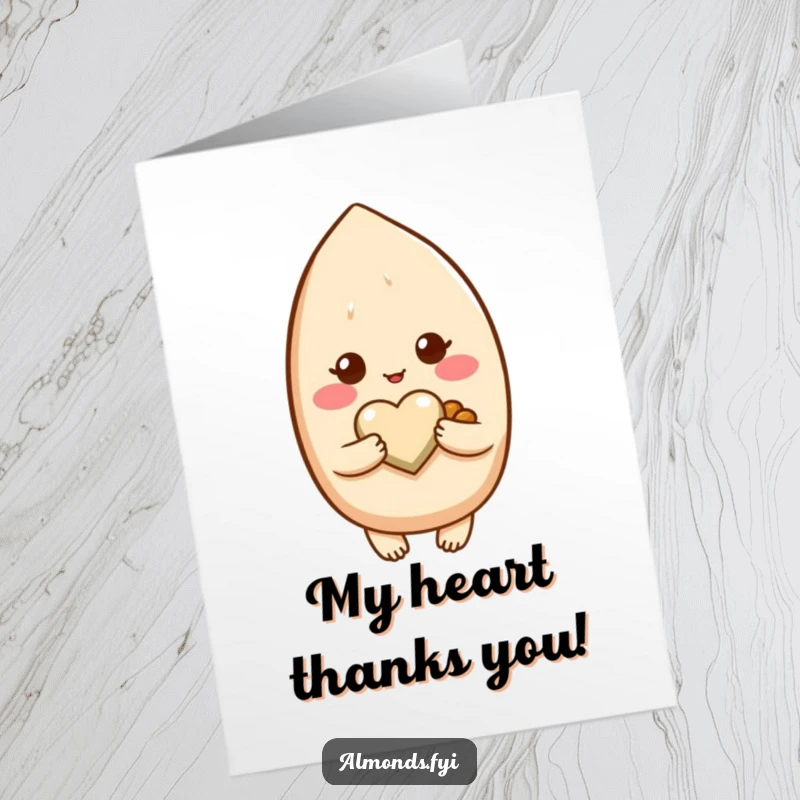 Funny Free Printable Thank You Card: A blushing almond character holds a heart-shaped nut, sweetly conveying thanks, perfect downloadable gift.