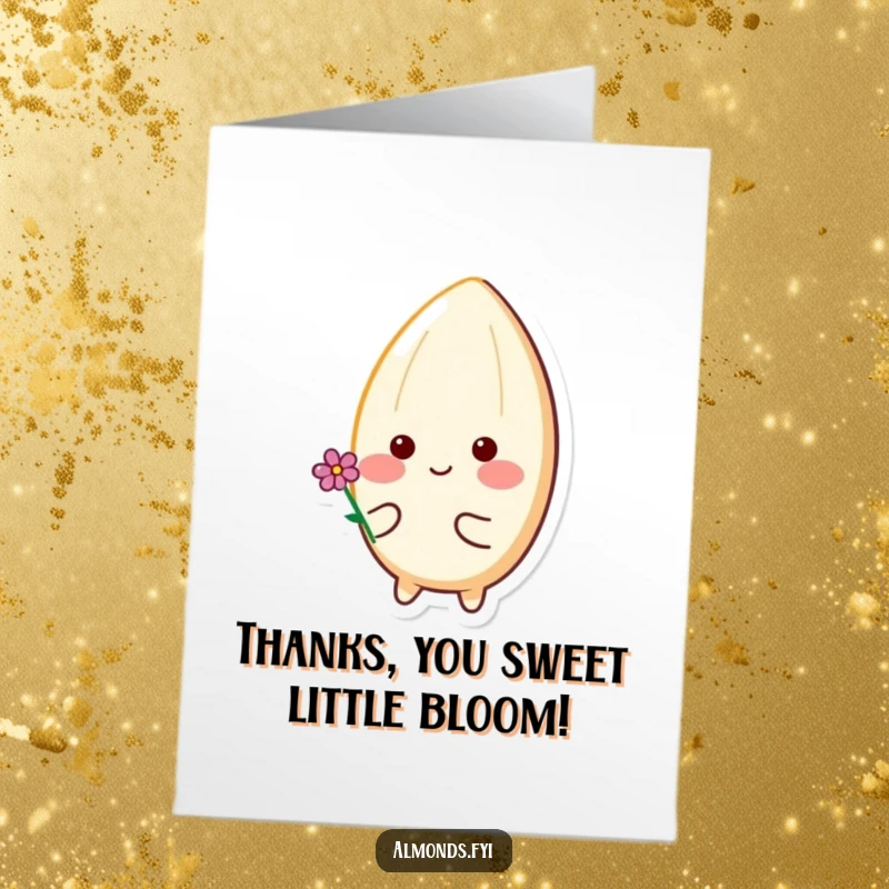 Funny Free Printable Thank You Card: Happy almond with rosy cheeks holds a tiny flower, a sweet thank you.
