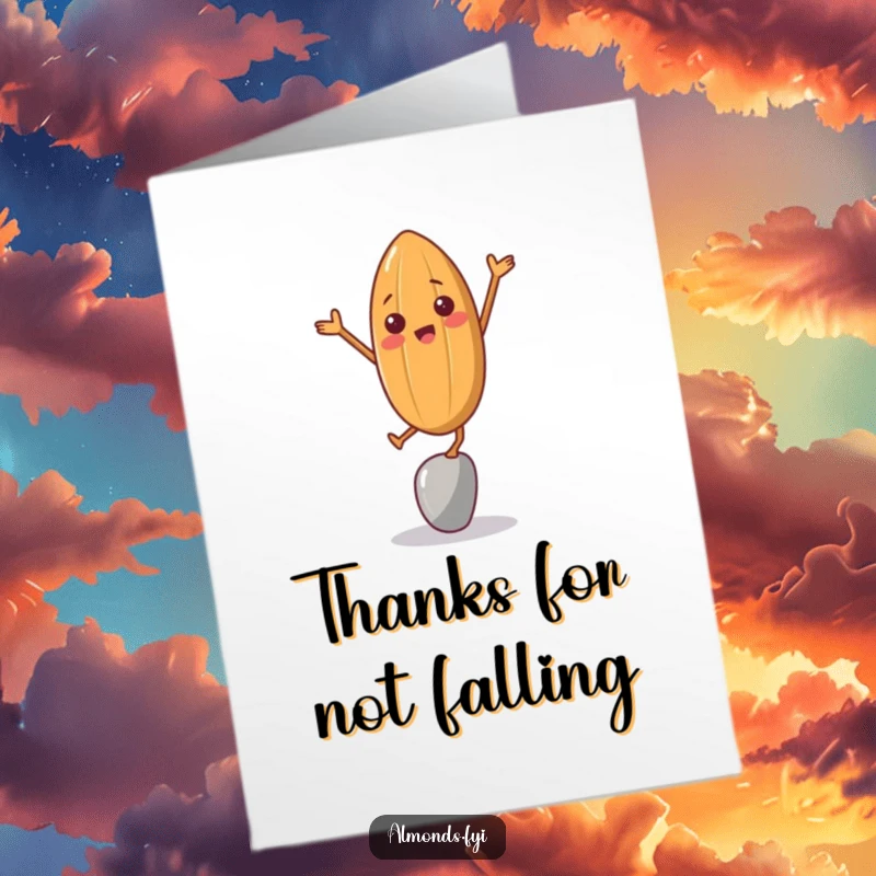 Funny Free Printable Thank You Card: A comical almond struggling to balance, a charming way to say thanks.