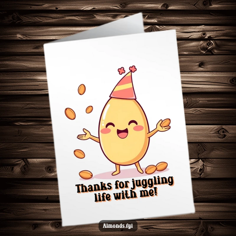 Funny Free Printable Thank You Card: Happy almond character in a party hat, juggling smaller almonds in a thankful display.