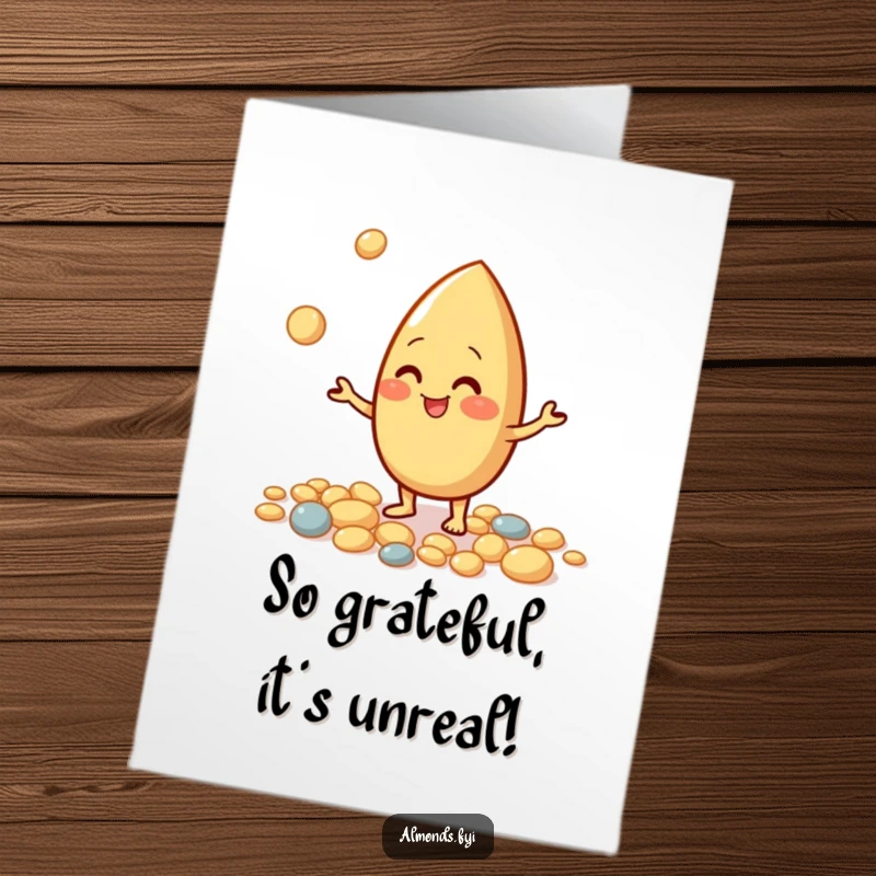 Funny Free Printable Thank You Card featuring a giggling almond skillfully juggling pebbles.