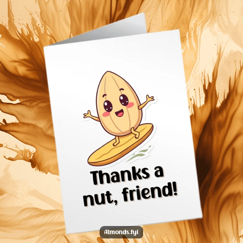 Funny Free Printable Thank You Card depicting a googly-eyed almond doing a radical surf on a peanut, spreading thanks.