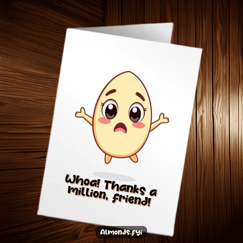 Funny Free Printable Thank You Card: Surprised almond character with wide eyes doing a silly jump, conveying surprise gratitude.