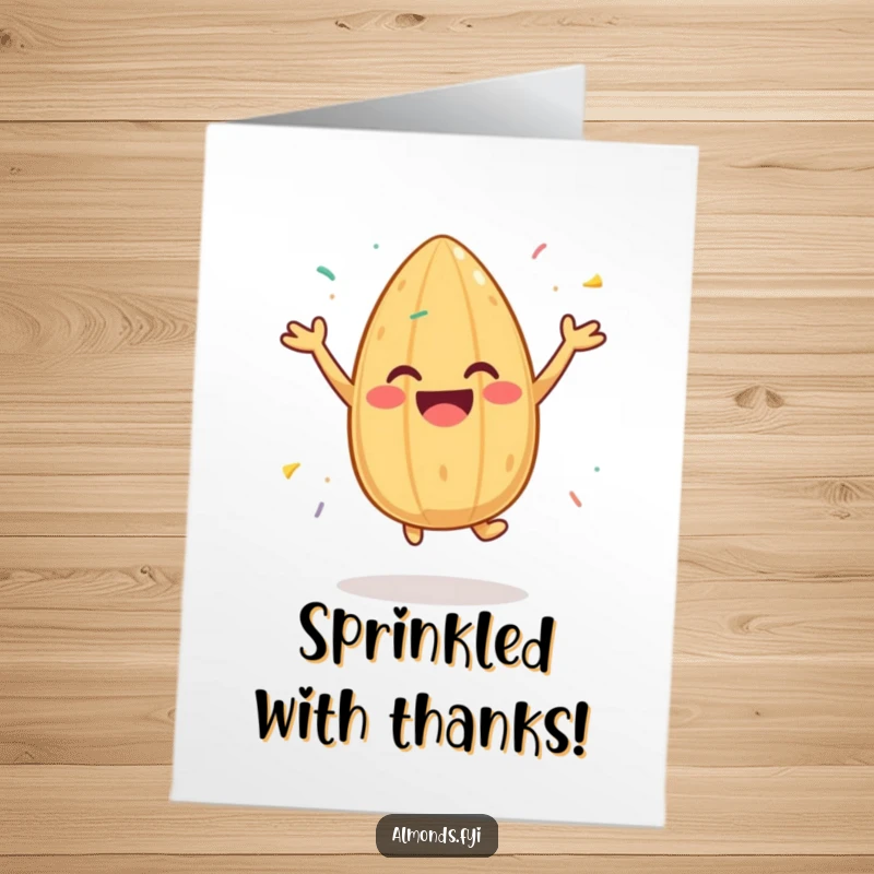Fun Free Printable Thank You Card: Cheerful almond jumping with sprinkles, a meme for expressing thanks, downloadable.