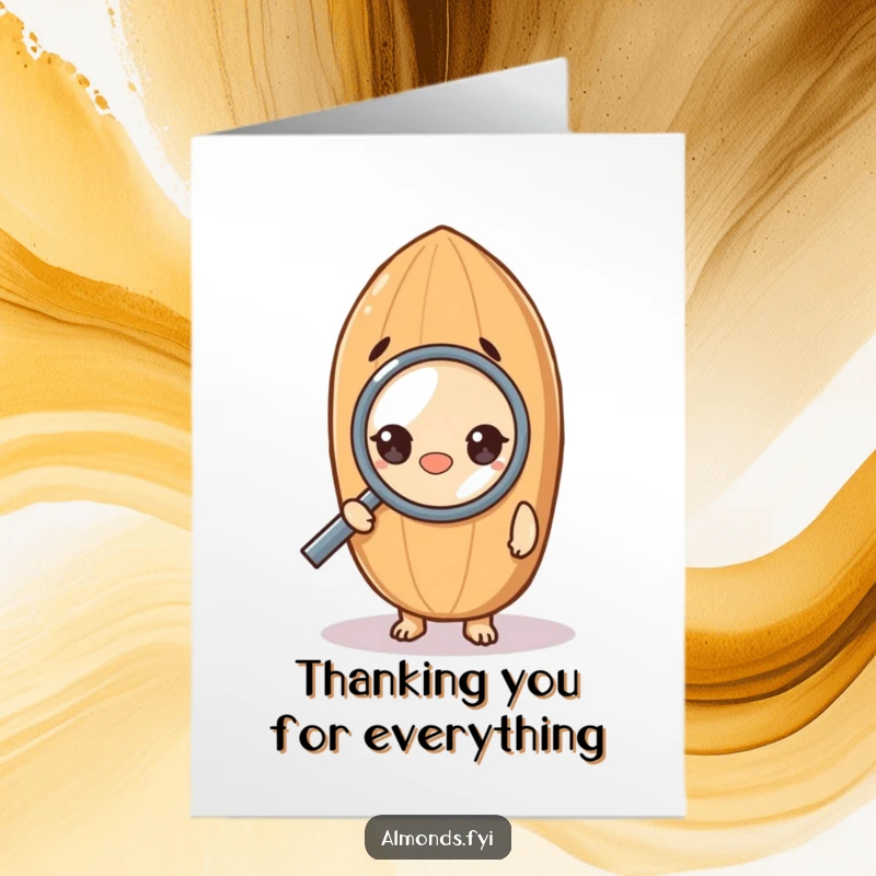 Funny Free Printable Thank You Card: A curious almond character peering through a magnifying glass, a meticulous downloadable thank you.