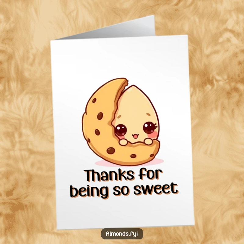 Funny Free Printable Thank You Card: A curious almond character peeks from behind a cookie, conveying thanks in a cute and unexpected way.