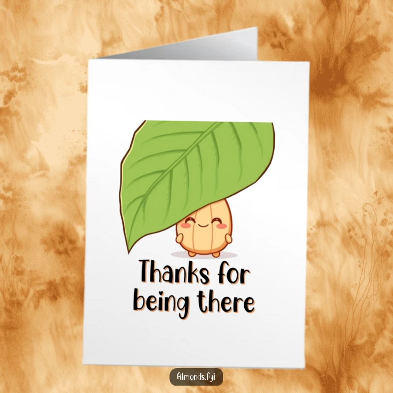 Funny Free Printable Thank You Card: A grinning almond character peeking from behind a giant leaf, expressing hidden thanks.