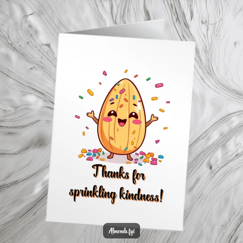 Funny Free Printable Thank You Card: Cheerful almond happily juggles a vibrant mix of sprinkles, a sweet gesture of thanks.