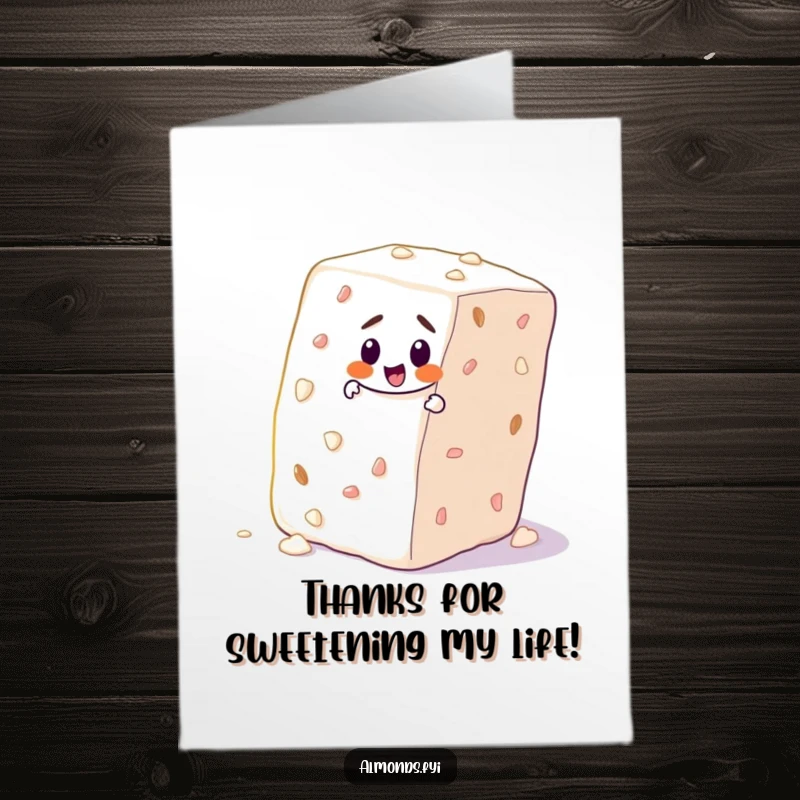 Funny Free Printable Thank You Card: Determined almond character persevering up a sugar cube, a humorous and printable thank you.