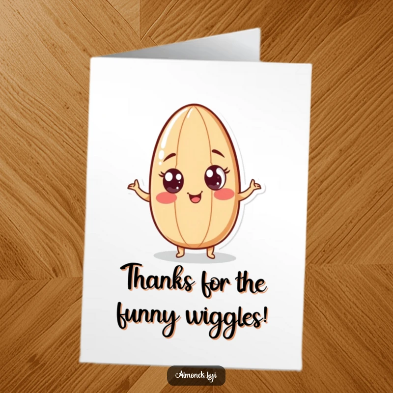 Funny Free Printable Thank You Card: Playful almond character with googly eyes doing a funny wiggle, conveying fun thanks.