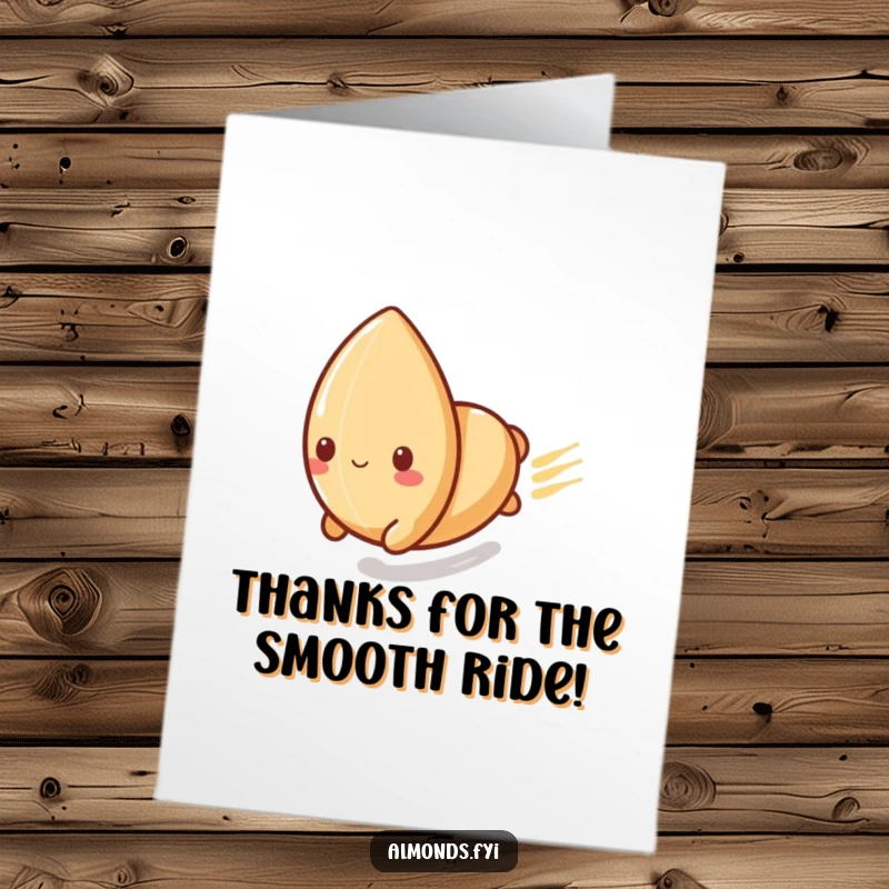 Funny Free Printable Thank You Card: Playful almond character sliding down a smooth surface at high speed with a grin.