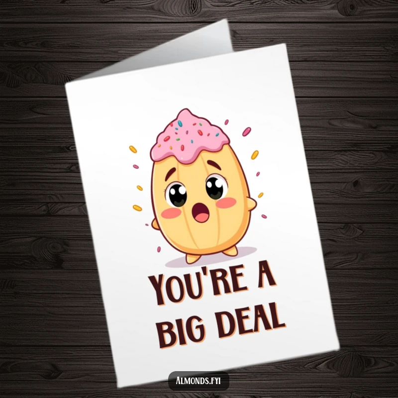 Funny Free Printable Thank You Card: Surprised almond character with wide eyes gazes at a giant sprinkle, expressing thanks.