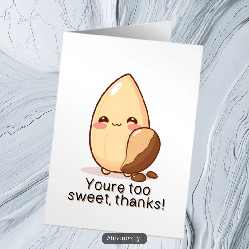 Funny Free Printable Thank You Card: A blushing almond character peeks adorably from behind a large chocolate chip, saying thanks.