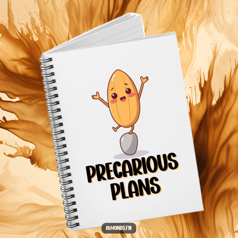 Funny notebook with a cheerful almond character humorously balancing, perfect for jotting down funny thoughts.