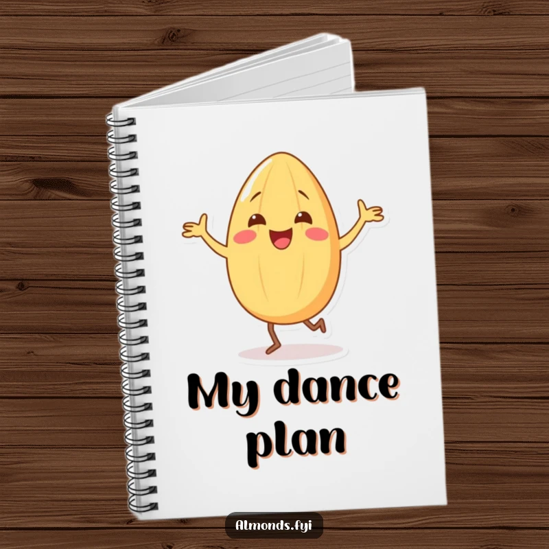 Funny notebook cover with a cheerful almond character doing a silly dance with tiny legs, ready for writing and drawing.