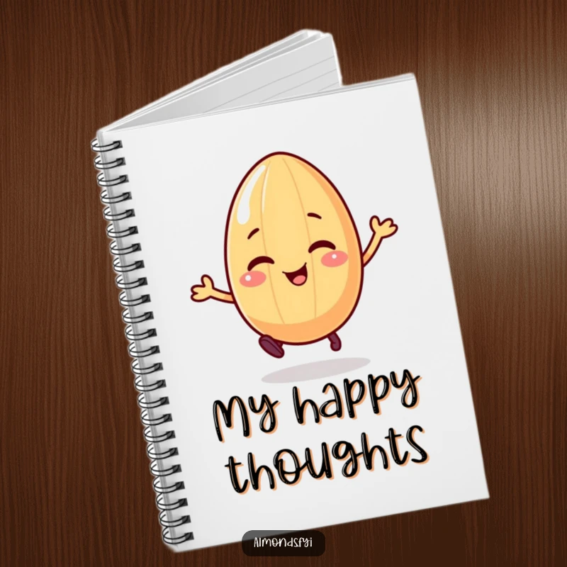 Funny notebook with a giggling almond character on legs, happily bouncing, inspiring creative and joyful thoughts.