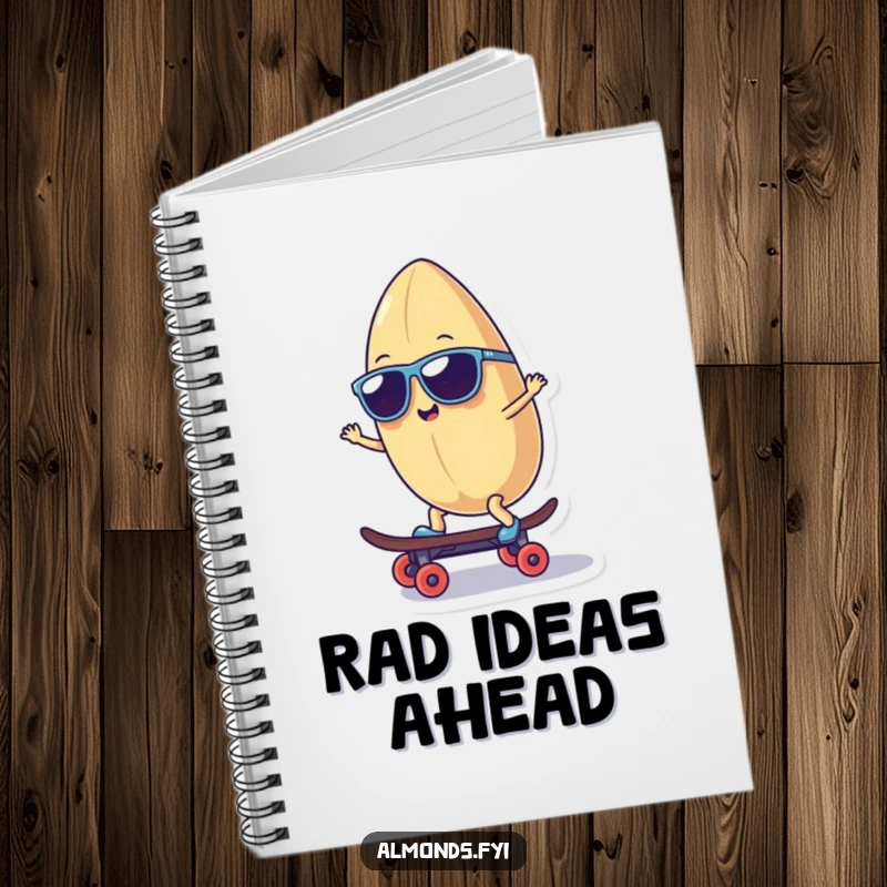 Funny notebook cover featuring a smiling almond character wearing sunglasses, riding a tiny skateboard, inspiring humorous and cool entries.