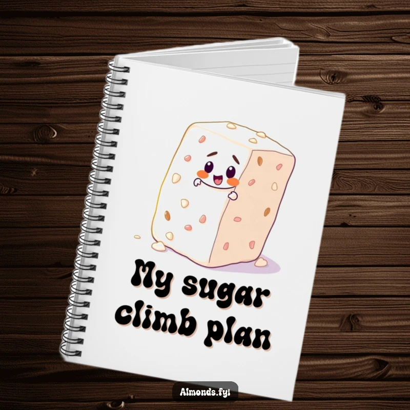 Funny notebook cover with a determined almond character climbing a sugar cube, inspiring focus and achievement.