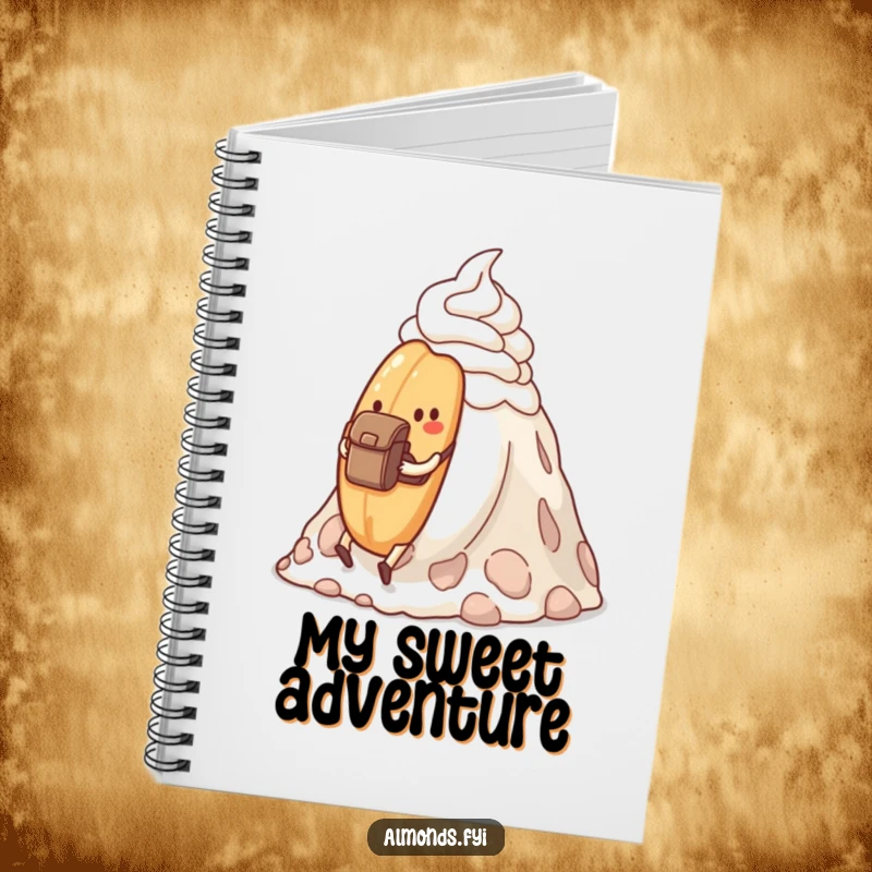 Funny determined almond hiking a whipped cream mountain, on the cover of a notebook.