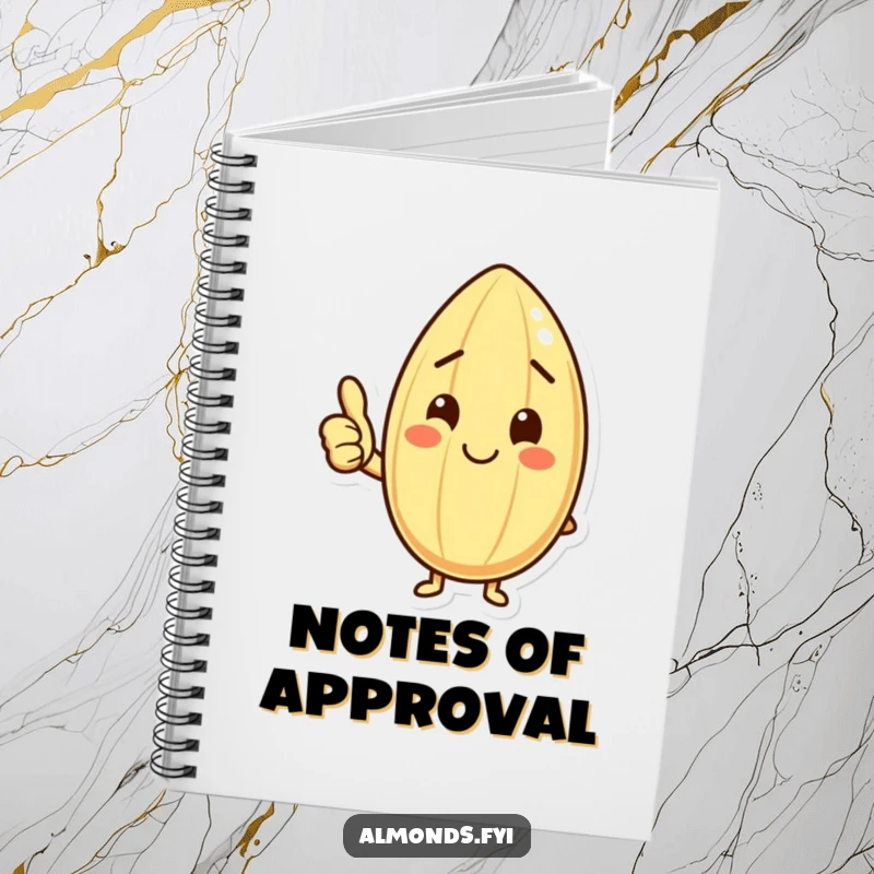 Funny notebook cover with a happy almond character giving a thumbs up, inspiring positive notes and bright ideas.
