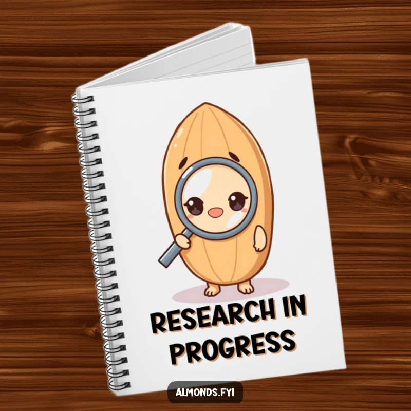 Funny notebook cover with a curious almond character peering through a magnifying glass, symbolizing detailed note-taking and humor.