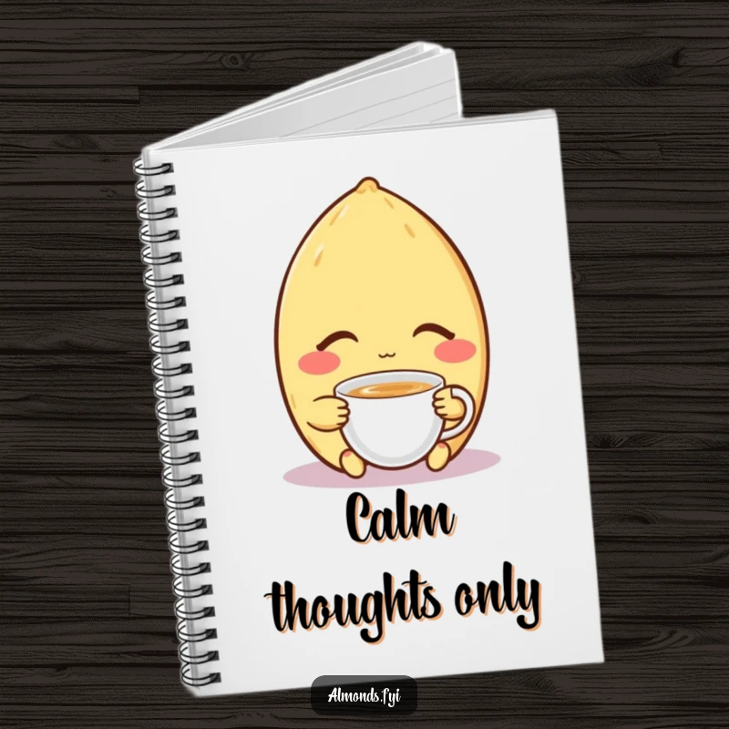 Funny notebook cover: a contented almond character peacefully enjoying a tiny cup of tea, symbolizing calm reflection and peaceful writing.