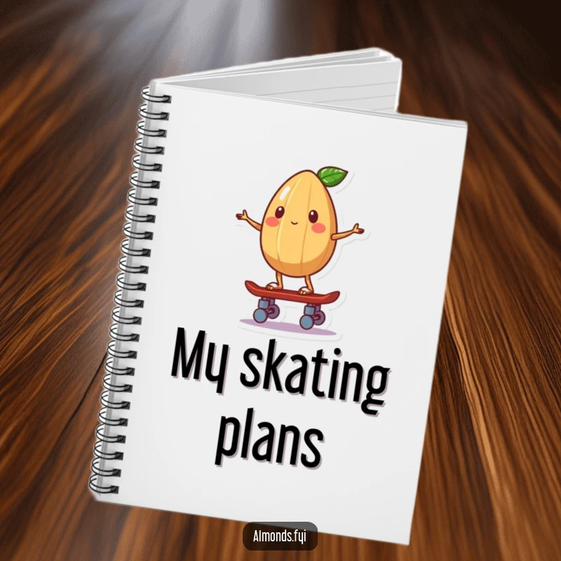 Funny notebook cover with a whimsical almond character balancing on a small skateboard, ready for action.