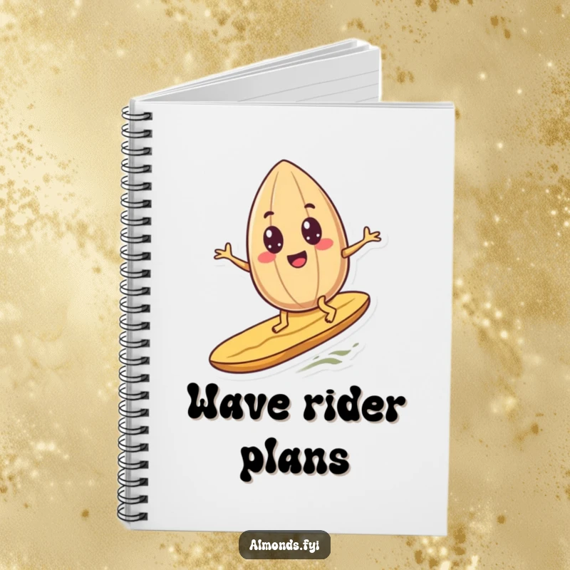 Funny googly-eyed almond character humorously surfing a peanut on a notebook cover, encouraging creative and funny note-taking.