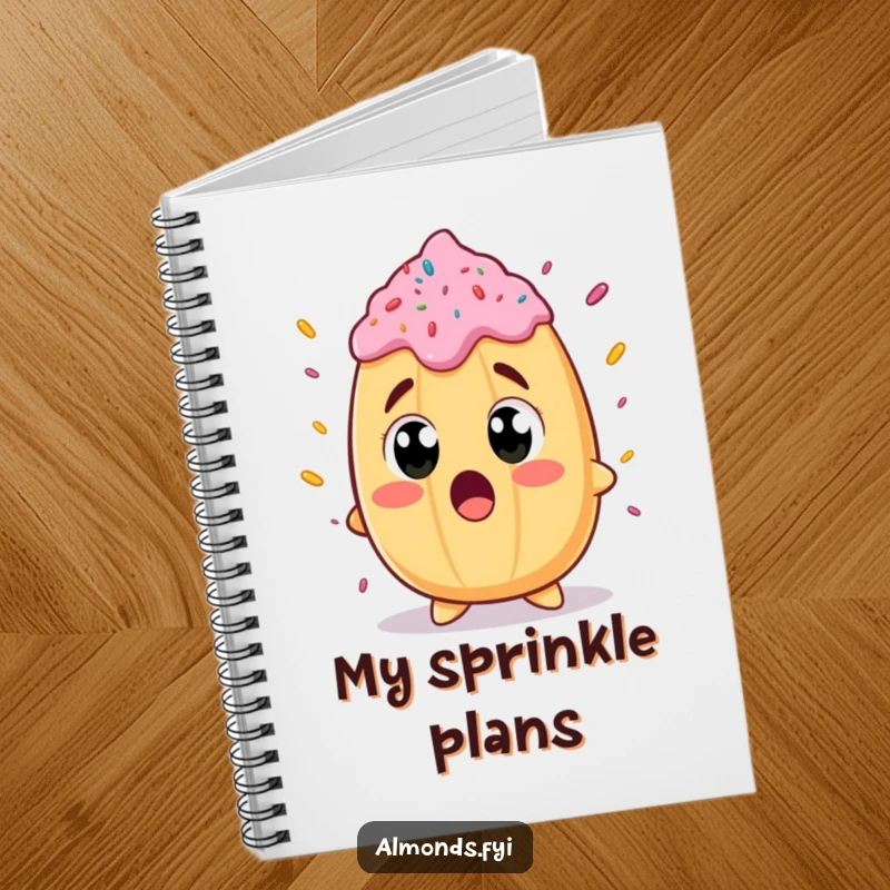 Funny notebook cover with a cheerful almond character with wide eyes, surprised by a giant sprinkle, ready for notes.