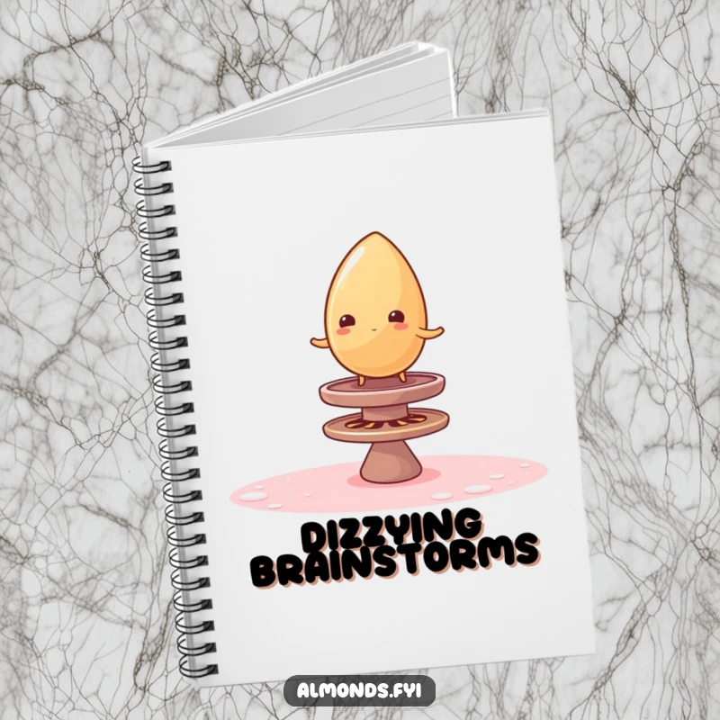 Funny notebook featuring a wobbly almond balancing on a spinning sugar top, ideal for journaling humorous thoughts and ideas.