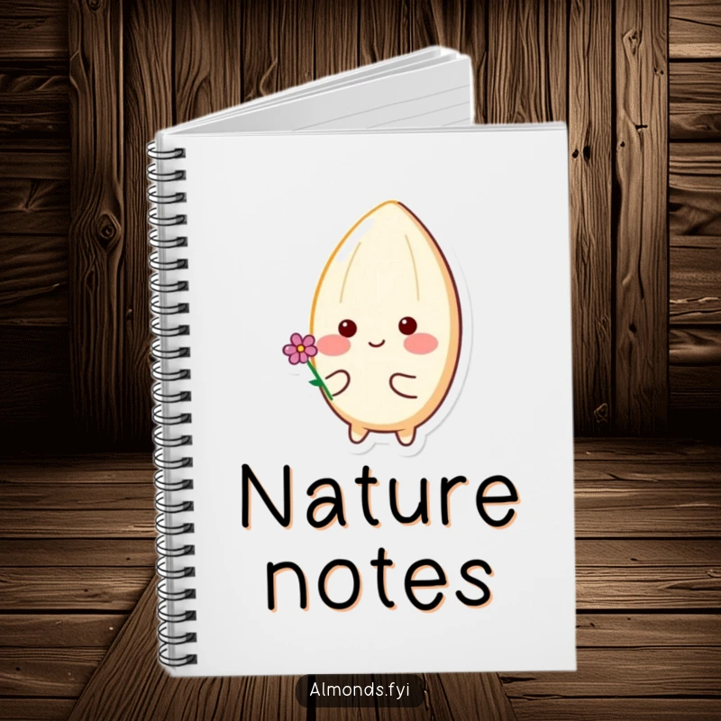 Funny notebook cover with a happy almond character with rosy cheeks holding a tiny flower, ready to capture inspiring thoughts.